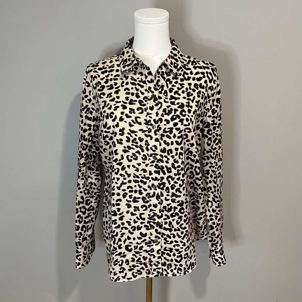 Nordstrom 1901 100% Cotton Leopard Button Down Blouse Size M - Picture 2 of 9